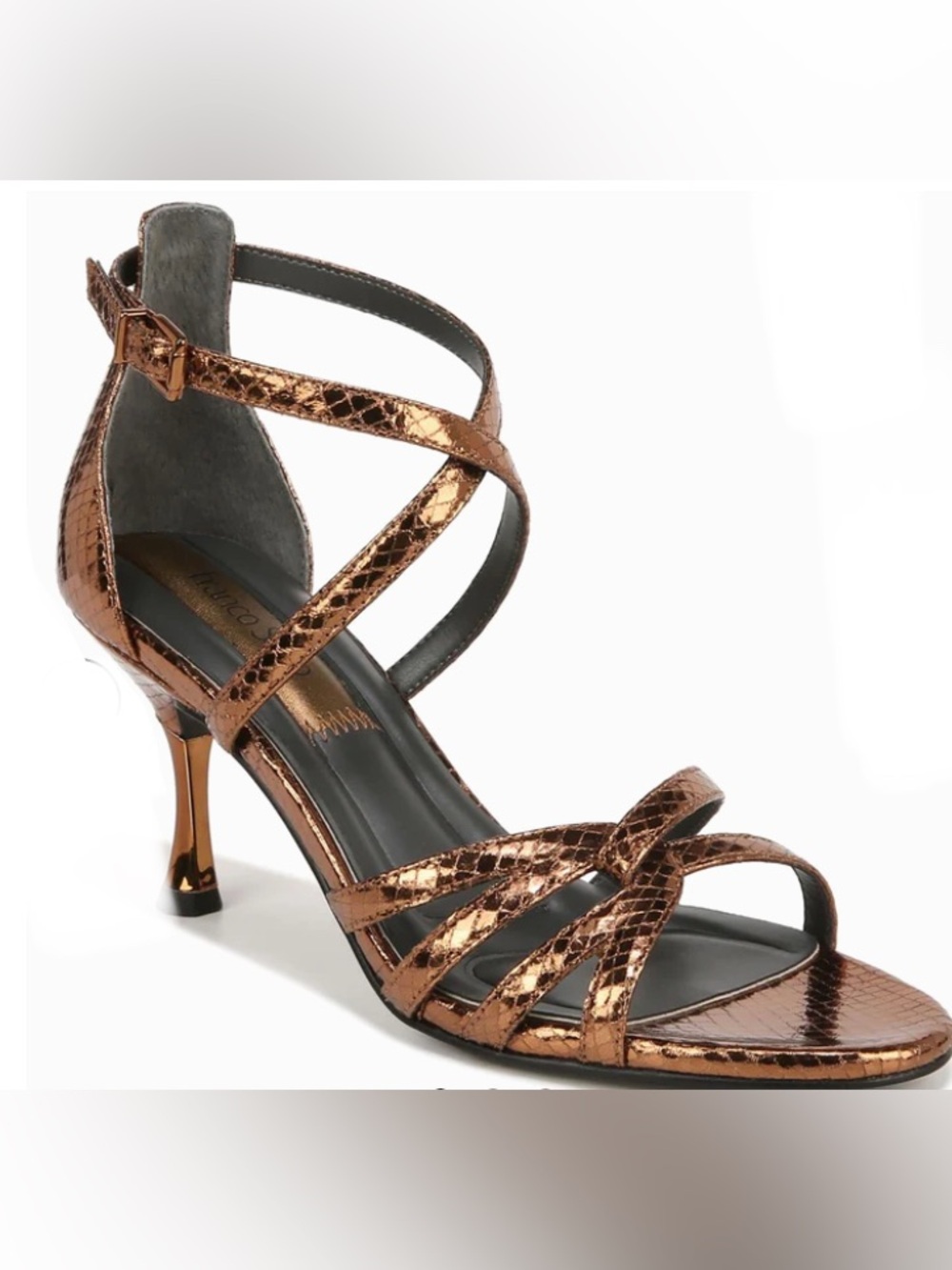 Franco Sarto Metallic Copper Snakeskin Strappy Kitten Heeled Sandals - 6.5